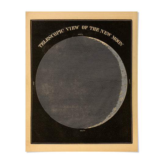 The image is a poster or illustration depicting a telescope's view of the new moon.