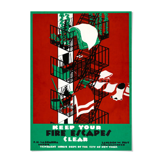 A vintage poster with a red background and a black and white illustration of a fire escape. The poster has a green border and contains text that reads "KEEP YOUR FIRE ESCAPES CLEAR" and "LANGDON W. POST TENEMENT HOUSE DEPT. OF THE CITY OF NEW YORK".