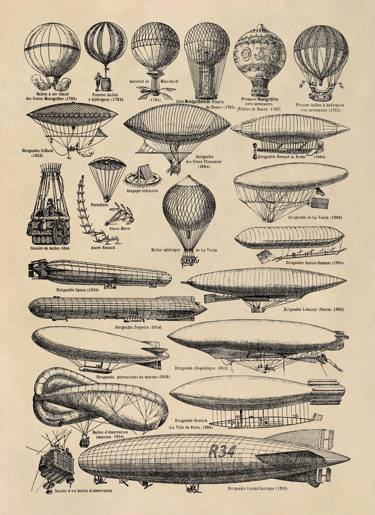 Hot Air Ballon and Airship Aviation Illustration Print, AM117