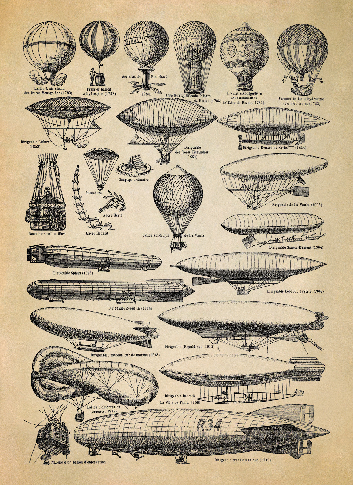 Hot Air Ballon and Airship Aviation Illustration Print, AM117