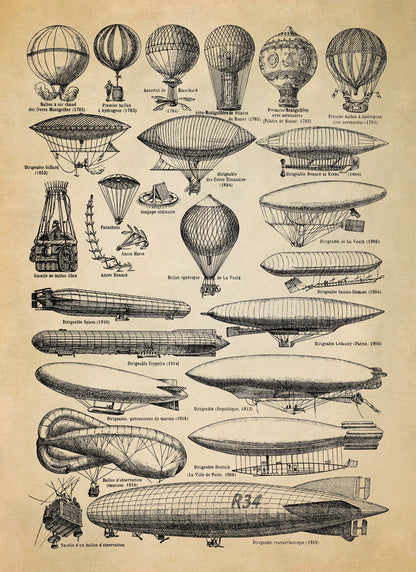 Hot Air Ballon and Airship Aviation Illustration Print, AM117