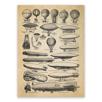 Hot Air Ballon and Airship Aviation Illustration Print, AM117