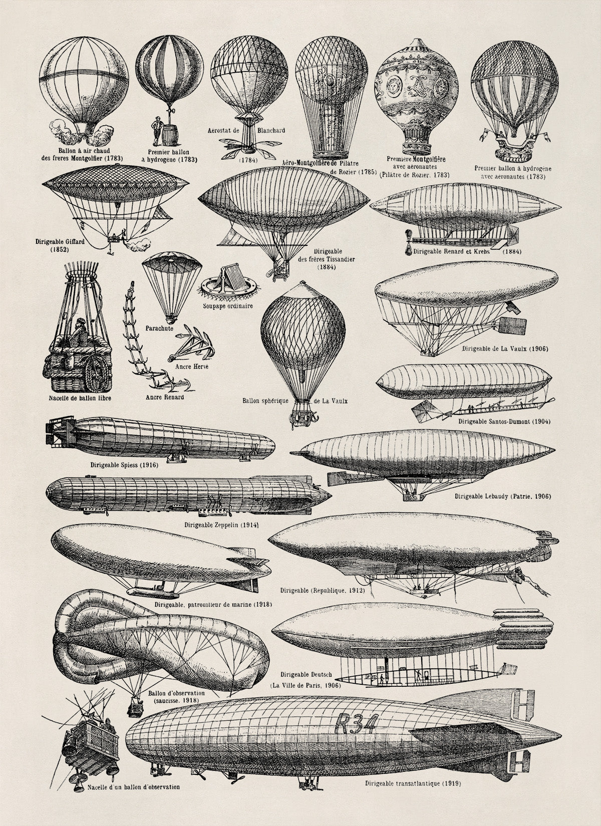 Hot Air Ballon and Airship Aviation Illustration Print, AM117