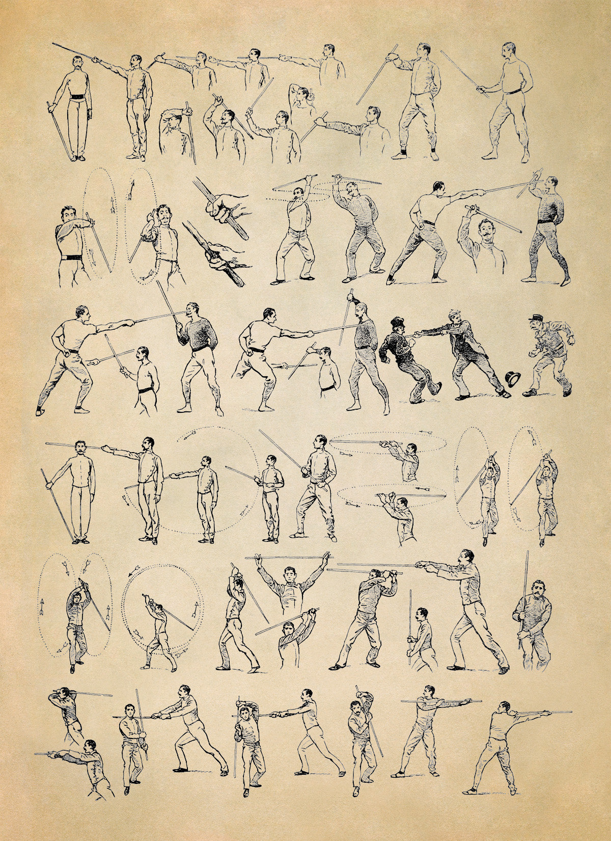 Singlestick Fencing Training Illustration Print, AM139