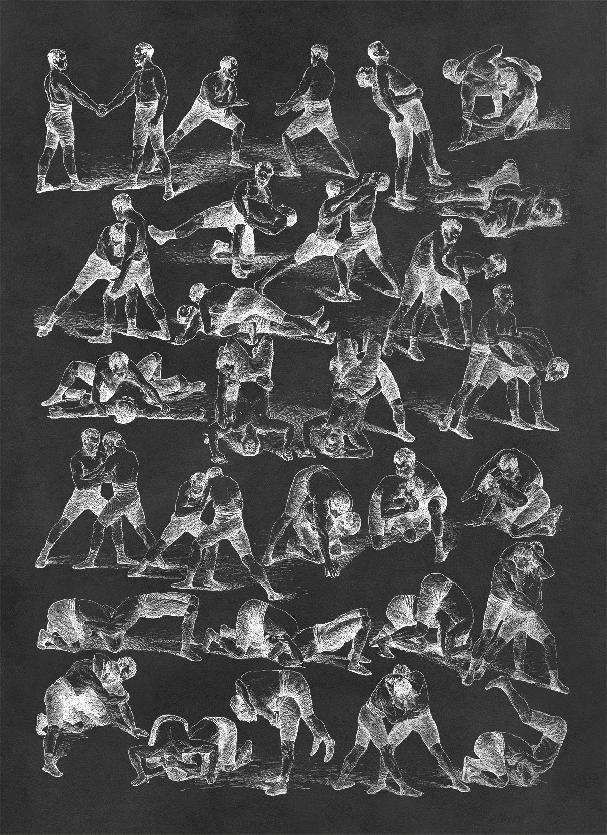 Vintage Wrestling Techniques and Fighting Styles Illustration Print, AM146