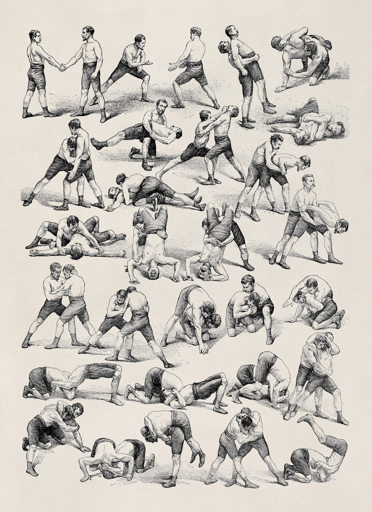 Vintage Wrestling Techniques and Fighting Styles Illustration Print, AM146