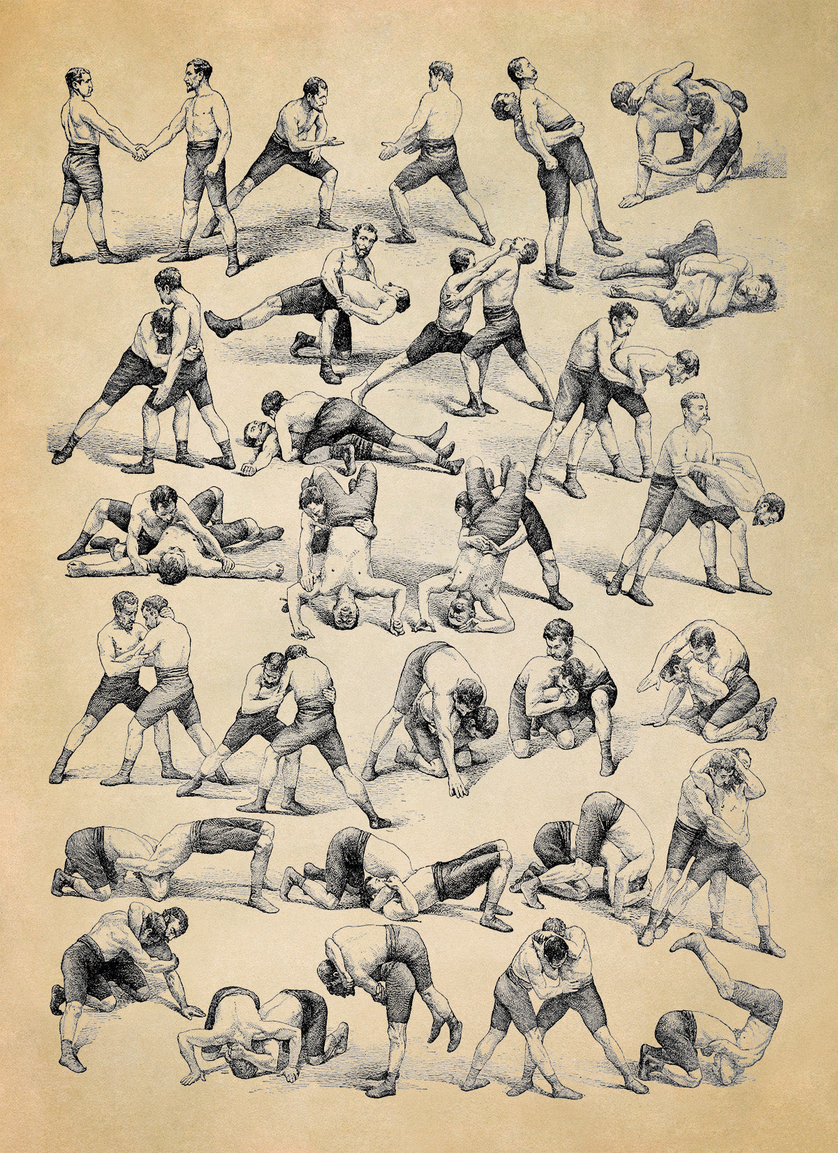 Vintage Wrestling Techniques and Fighting Styles Illustration Print, AM146