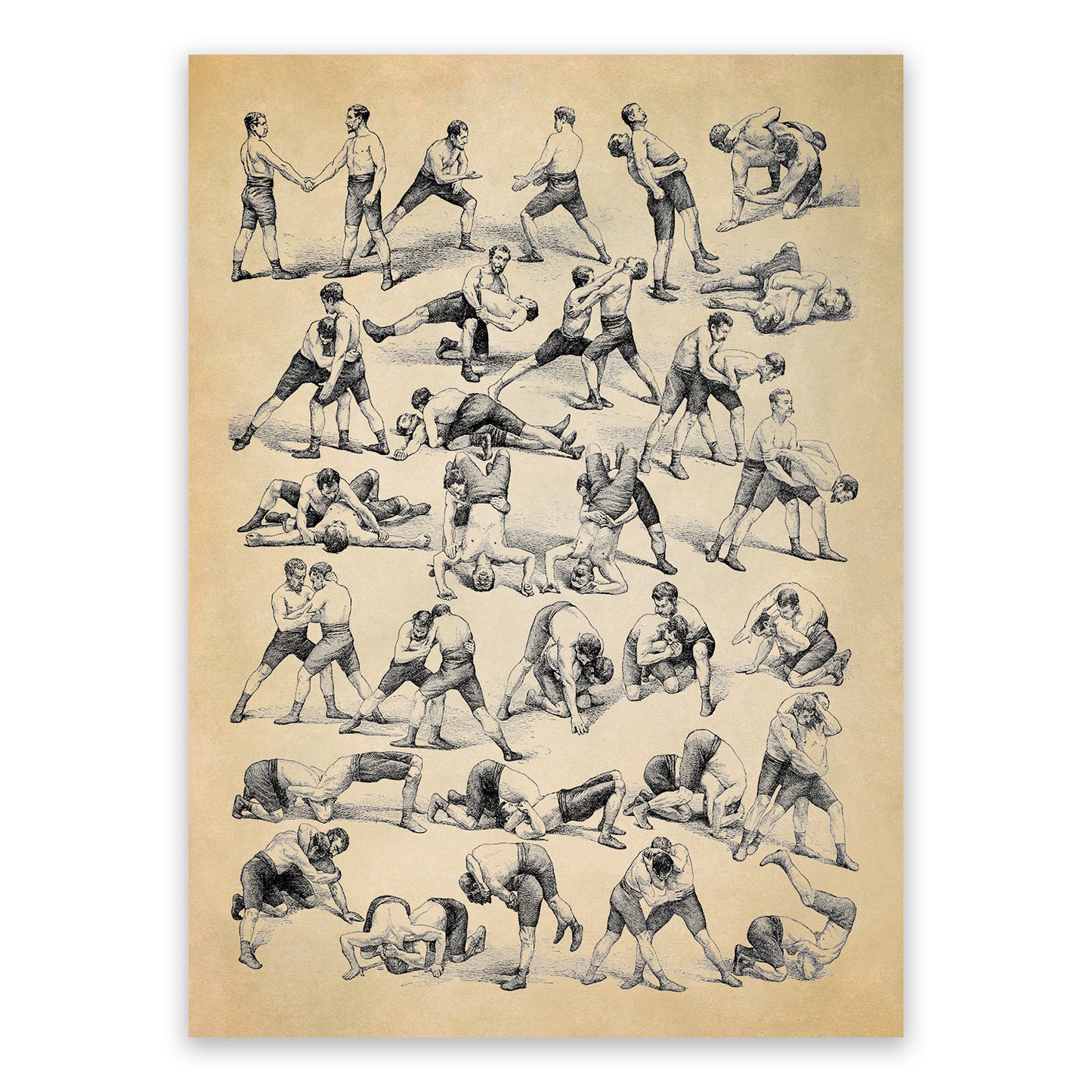 Vintage Wrestling Techniques and Fighting Styles Illustration Print, AM146