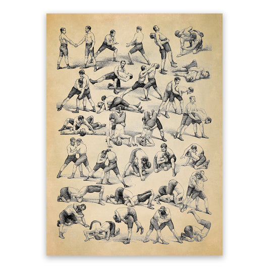 Vintage Wrestling Techniques and Fighting Styles Illustration Print, AM146