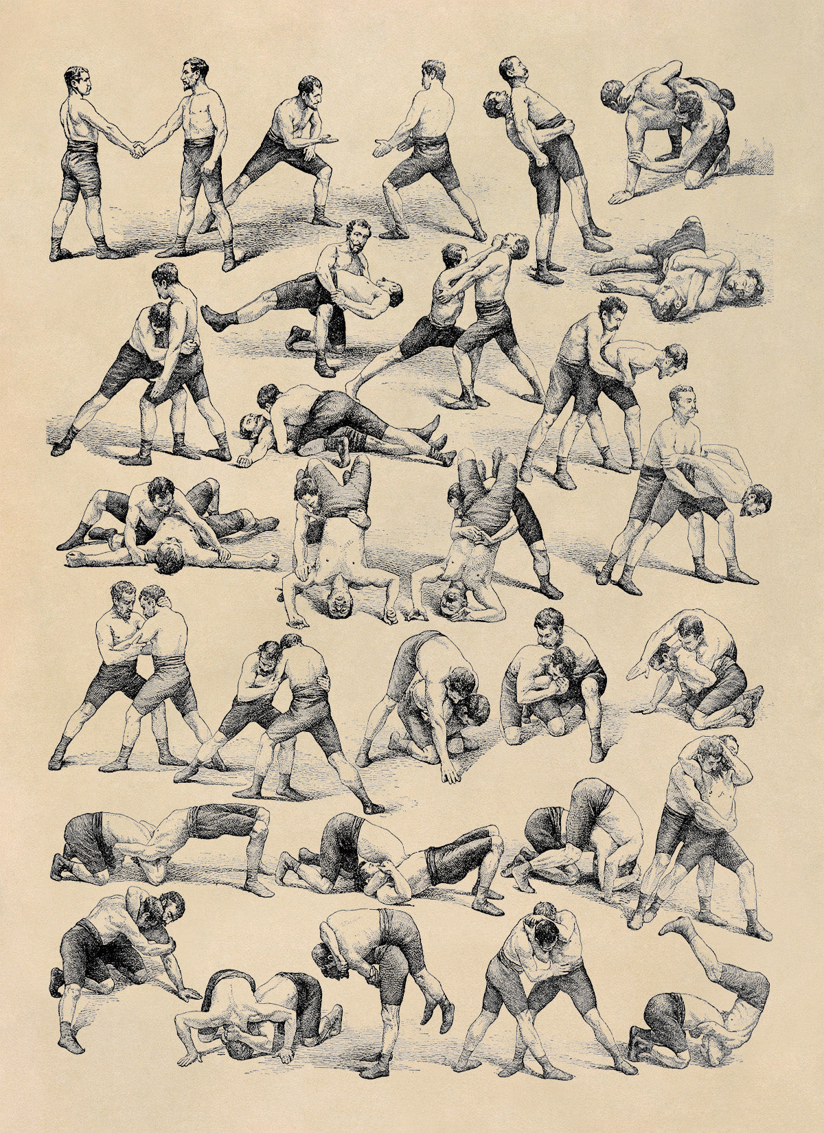 Vintage Wrestling Techniques and Fighting Styles Illustration Print, AM146