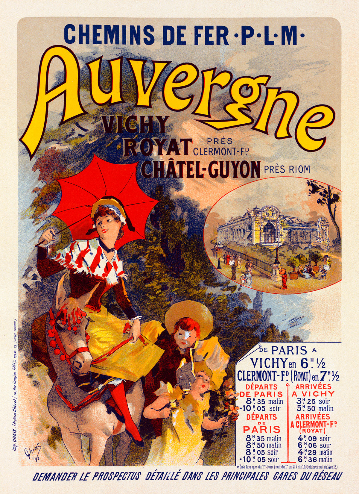 Auvergne French Railroad Advertisement Poster, Vintage Style Belle Epoque Jules Cheret  Print