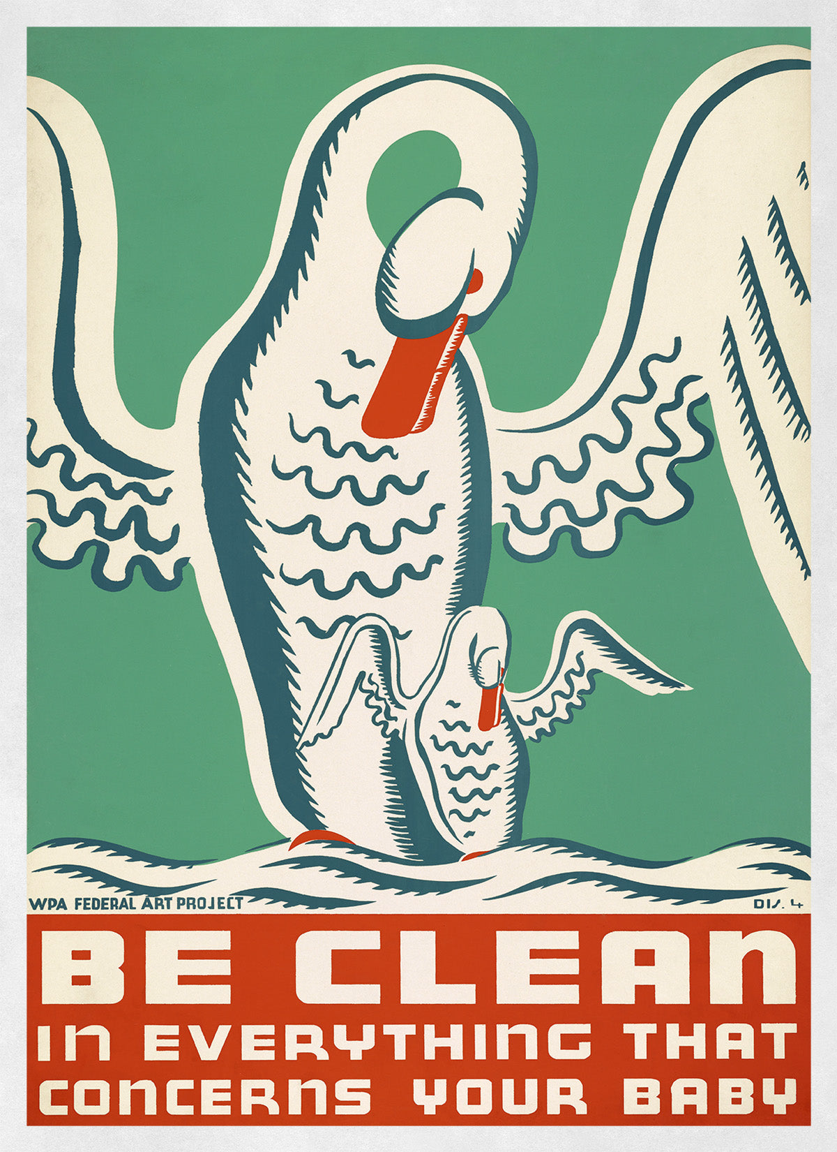 New Born Baby Health And Cleanliness Stork WPA Federal Art Project Poster, Vintage Style 1930s Works Progress Administration Print