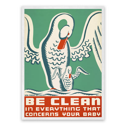 New Born Baby Health And Cleanliness Stork WPA Federal Art Project Poster, Vintage Style 1930s Works Progress Administration Print