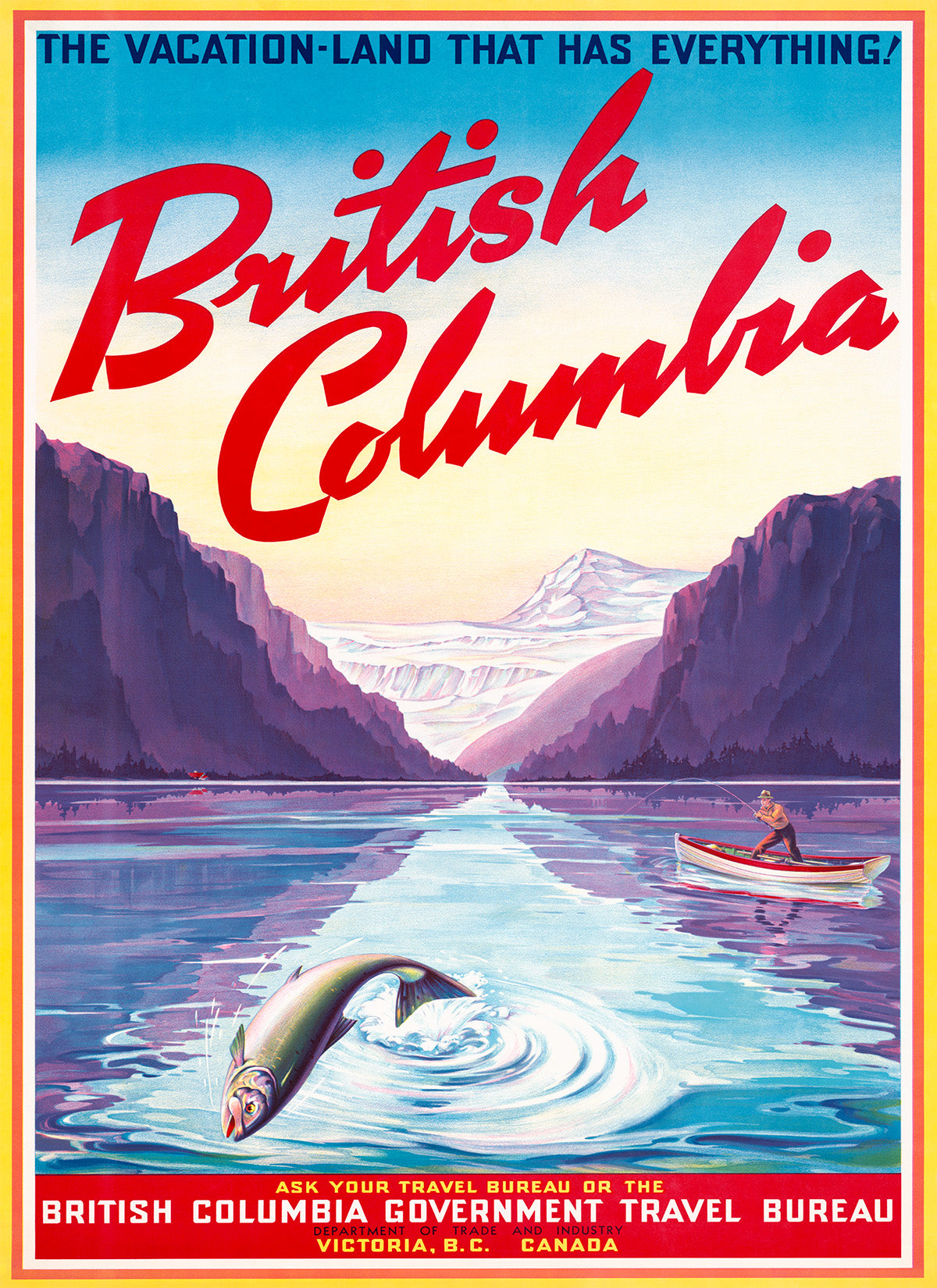 British Columbia Travel Poster, Vintage Style 1940s Canadian Travel Advertisement Print