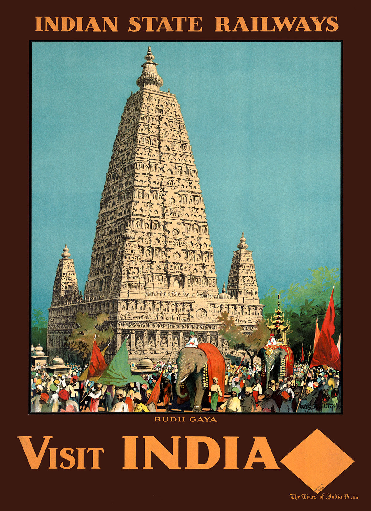 Visit India Budh Gaya Travel Poster, Vintage Style 1900s Indian Railway Tourism Advertisement Print