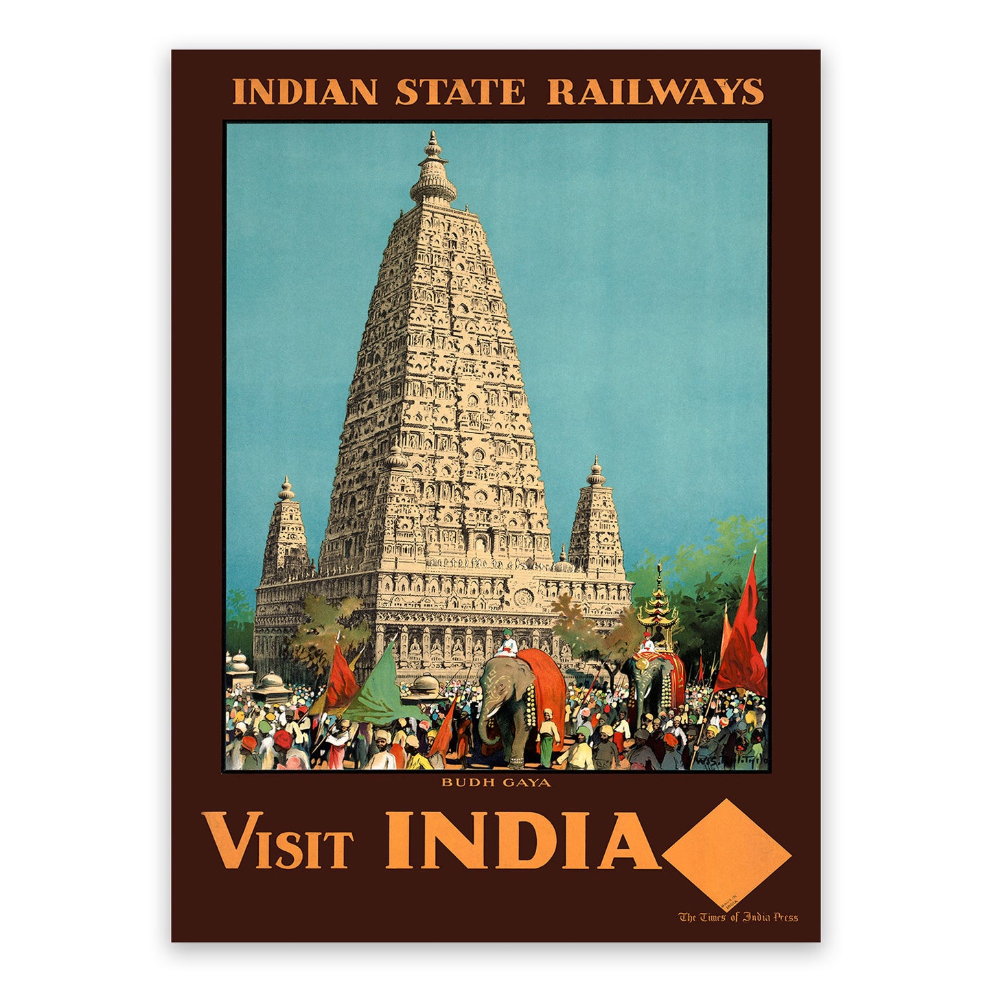 Visit India Budh Gaya Travel Poster, Vintage Style 1900s Indian Railway Tourism Advertisement Print