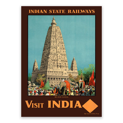 Visit India Budh Gaya Travel Poster, Vintage Style 1900s Indian Railway Tourism Advertisement Print