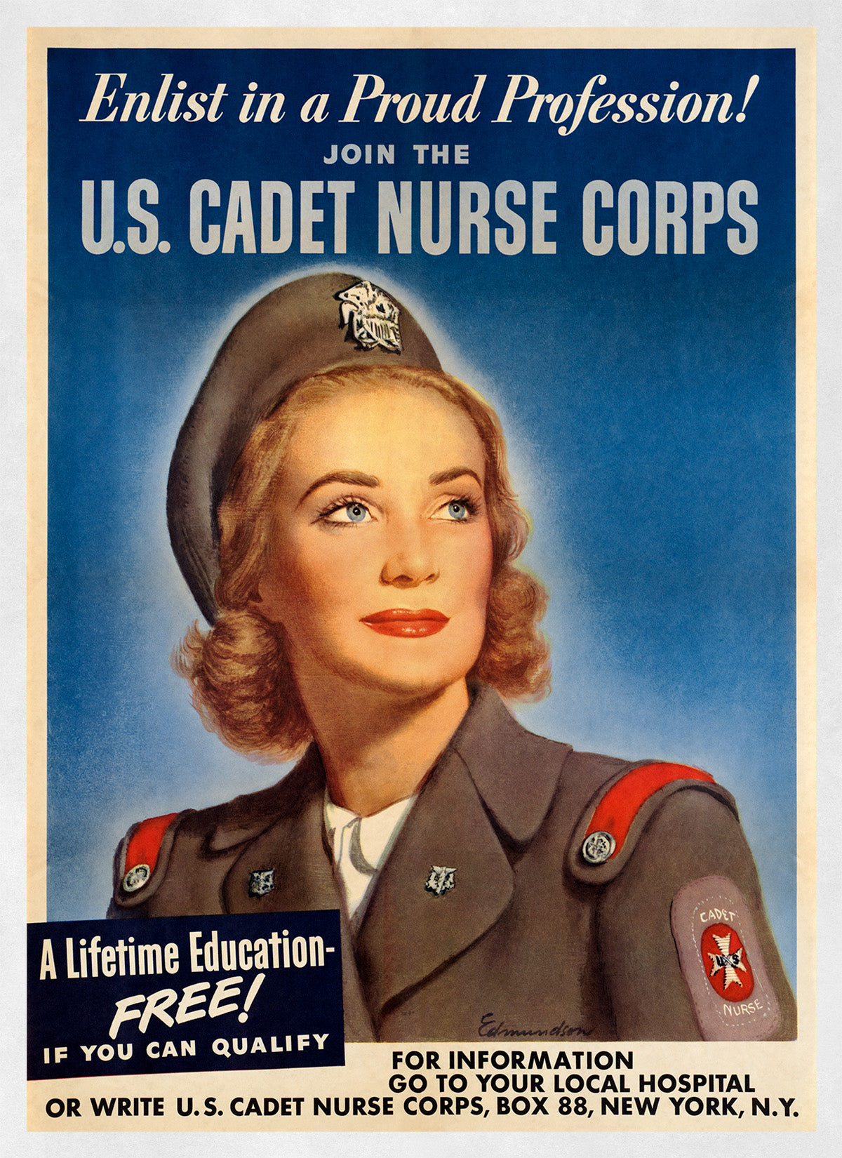 US Cadet Nurse Corps Wartime Recruitment Poster, Vintage Style 1940s World War 2 Print