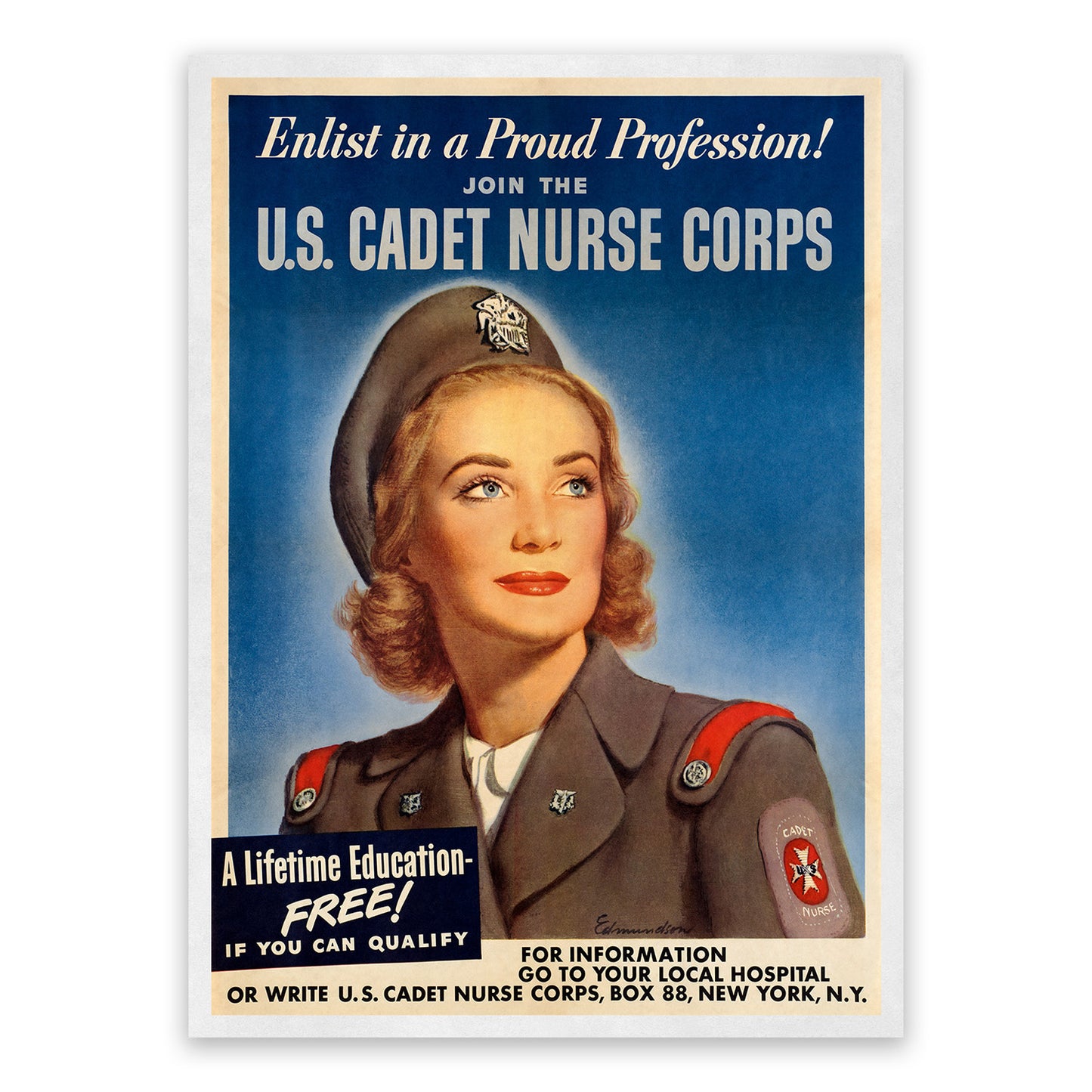 US Cadet Nurse Corps Wartime Recruitment Poster, Vintage Style 1940s World War 2 Print