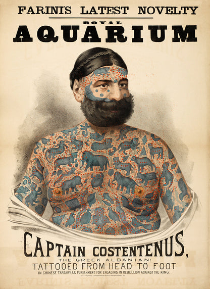 Captain Costentenus Tattoo Side Show Poster, Vintage Style Circus Freak Show Print