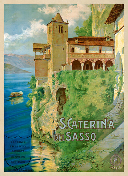 Santa Caterina del Sasso Italy Travel Poster, Vintage Style 1940s Italian Tourism Advertisement Print