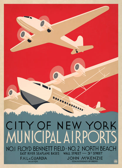 New York City Municipal Airports WPA Poster, Vintage Style 1930s Works Progress Administration Print