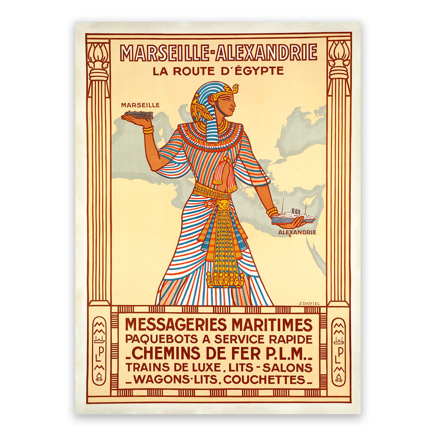 Egypt and France Travel Poster, Vintage Style 1920s Mediterranean Travel Advertisement Print