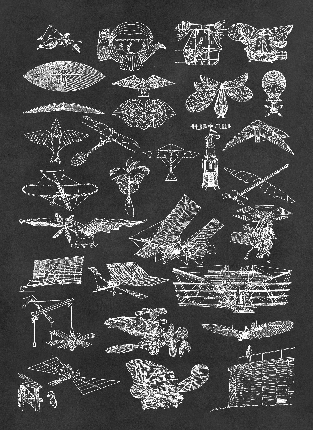 Early Aviation Flying Machines Illustration Print, FD12