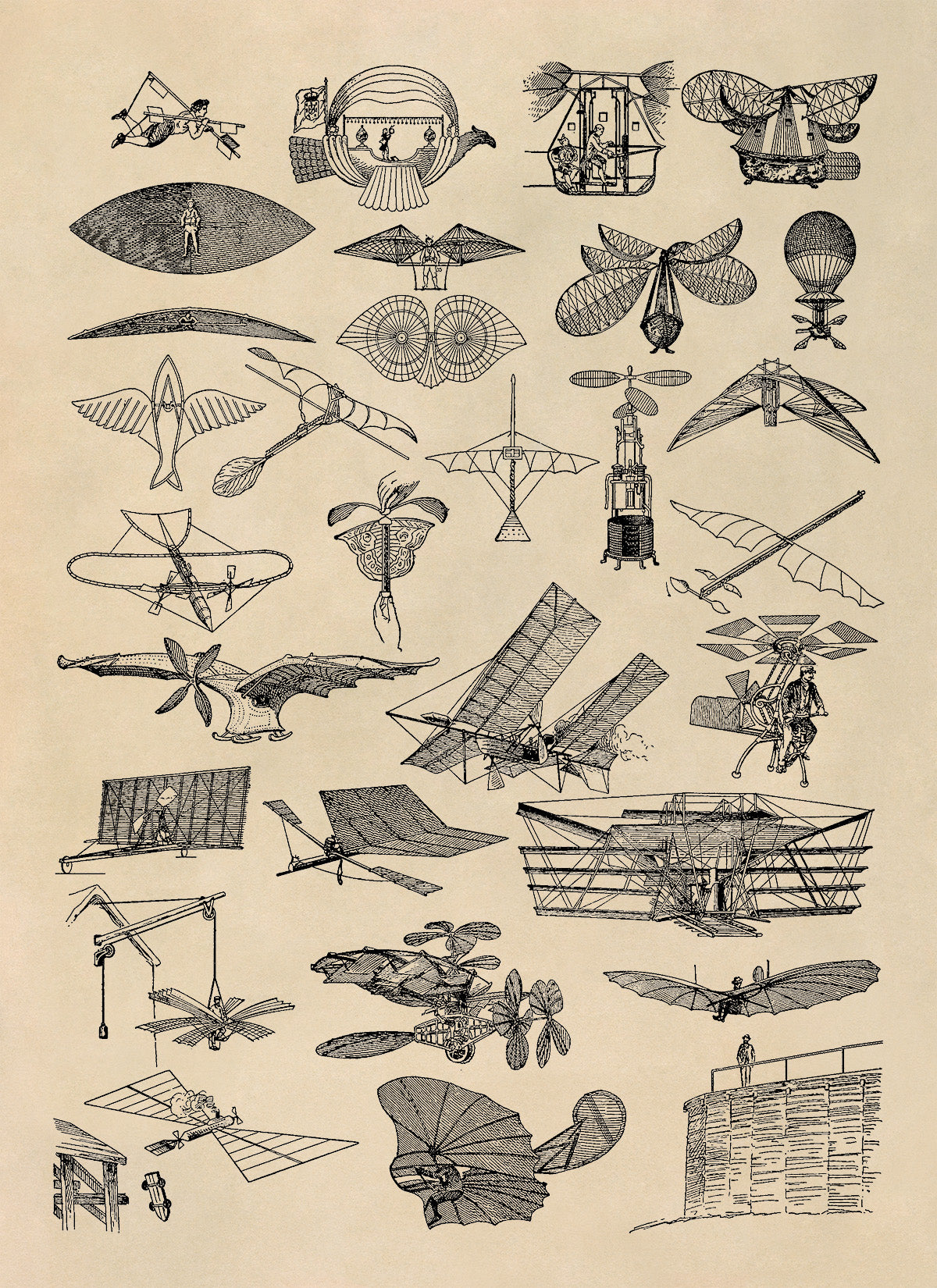 Early Aviation Flying Machines Illustration Print, FD12