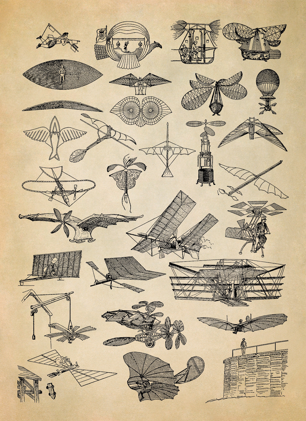 Early Aviation Flying Machines Illustration Print, FD12