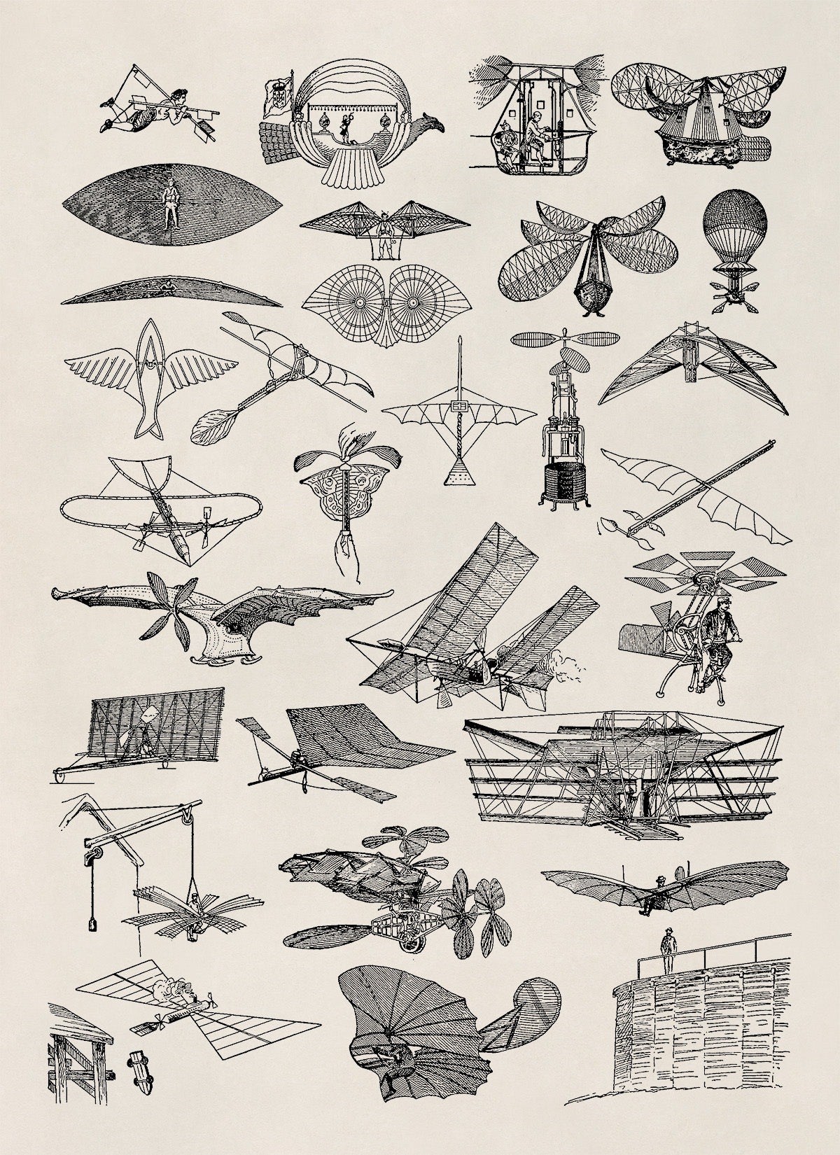 Early Aviation Flying Machines Illustration Print, FD12