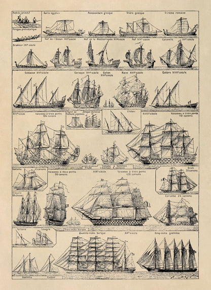 Historic Sailing and Naval Ships Illustration Chart Print, FD14