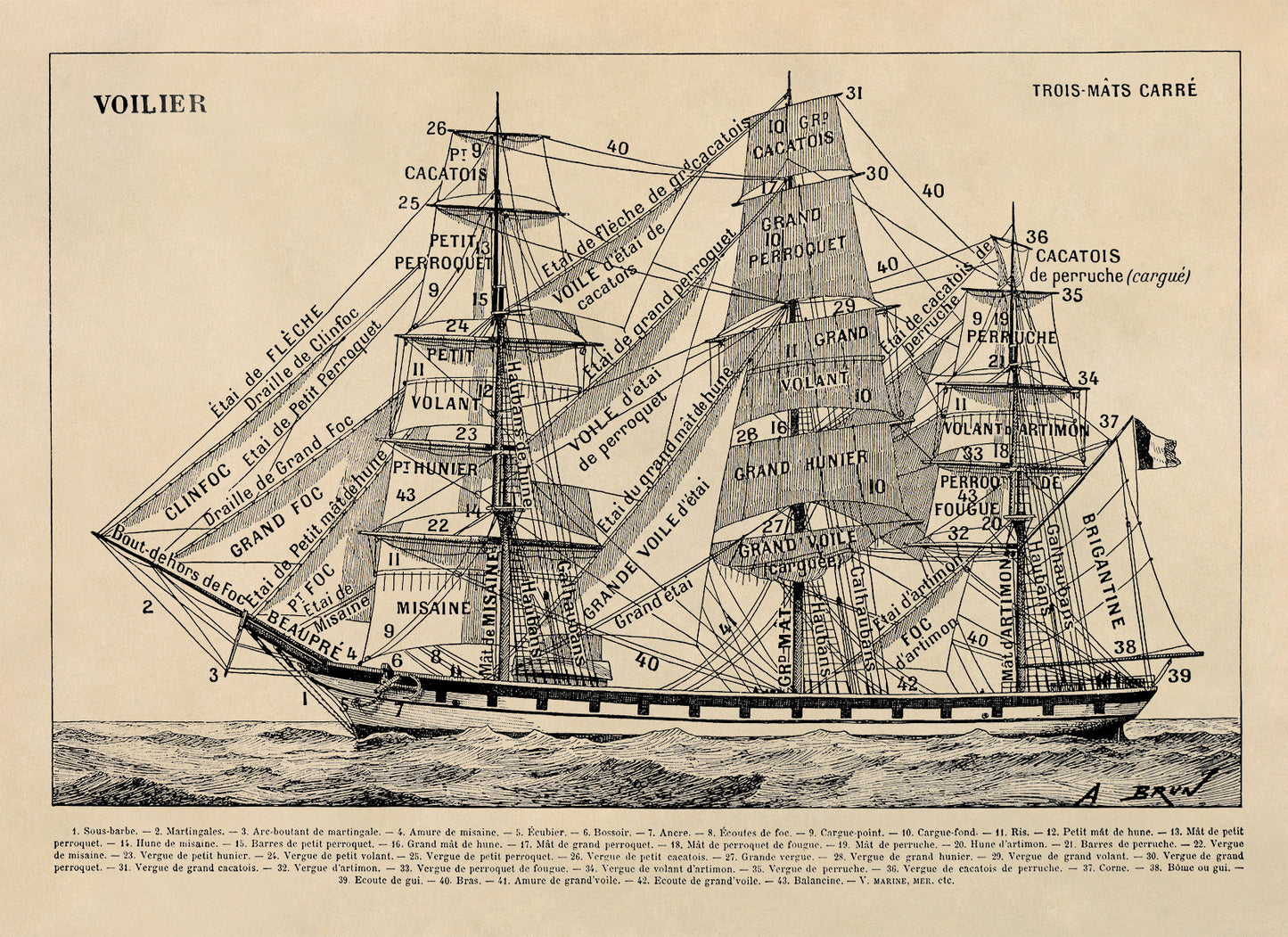 Historic Three Masted Sailing Ship Illustration Print, FD19