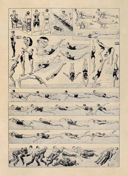 Vintage Swimming Styles and Techniques Illustration Print, FD27