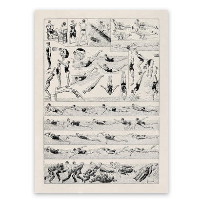 Vintage Swimming Styles and Techniques Illustration Print, FD27