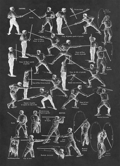 Cane Combat and Singlestick Fencing Training Illustration Print, FD31