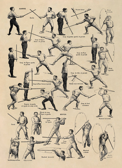 Cane Combat and Singlestick Fencing Training Illustration Print, FD31