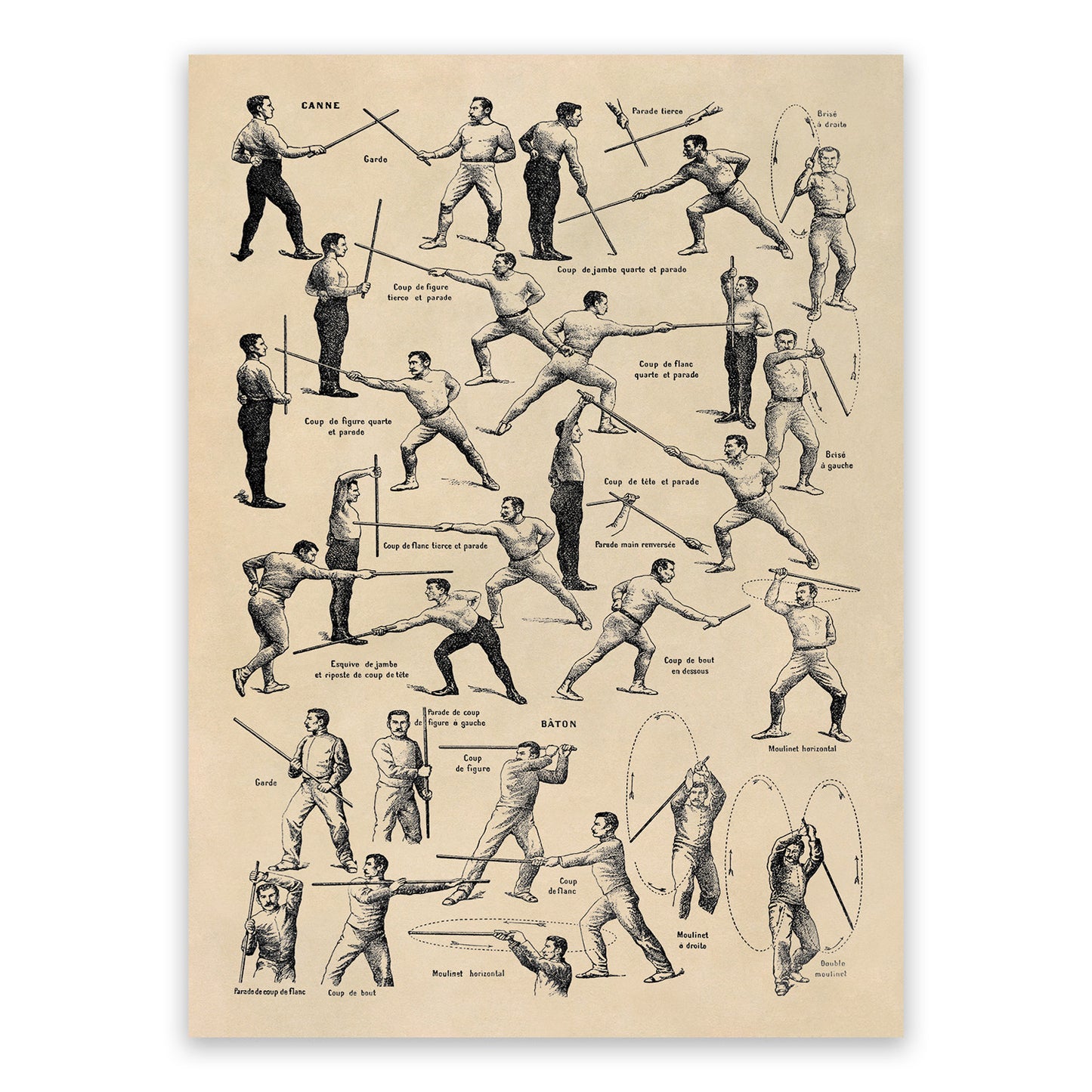 Cane Combat and Singlestick Fencing Training Illustration Print, FD31