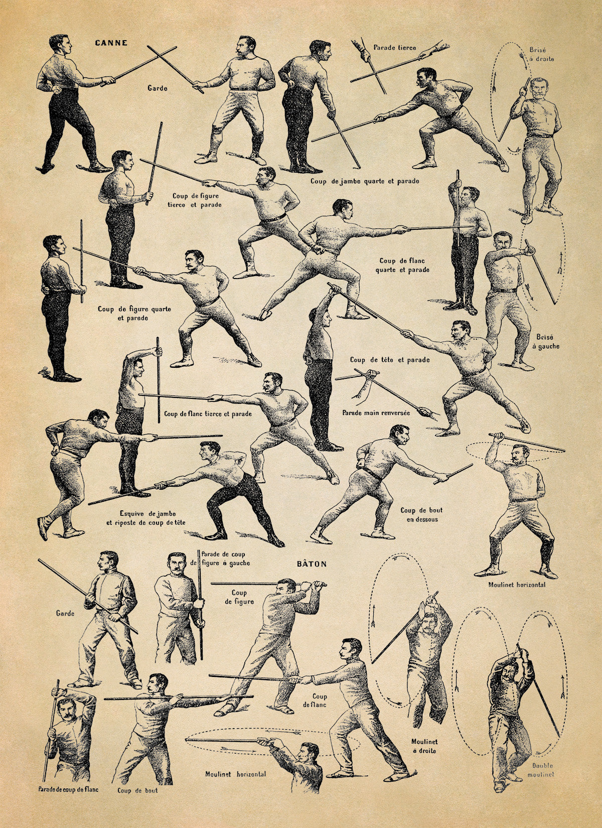 Cane Combat and Singlestick Fencing Training Illustration Print, FD31