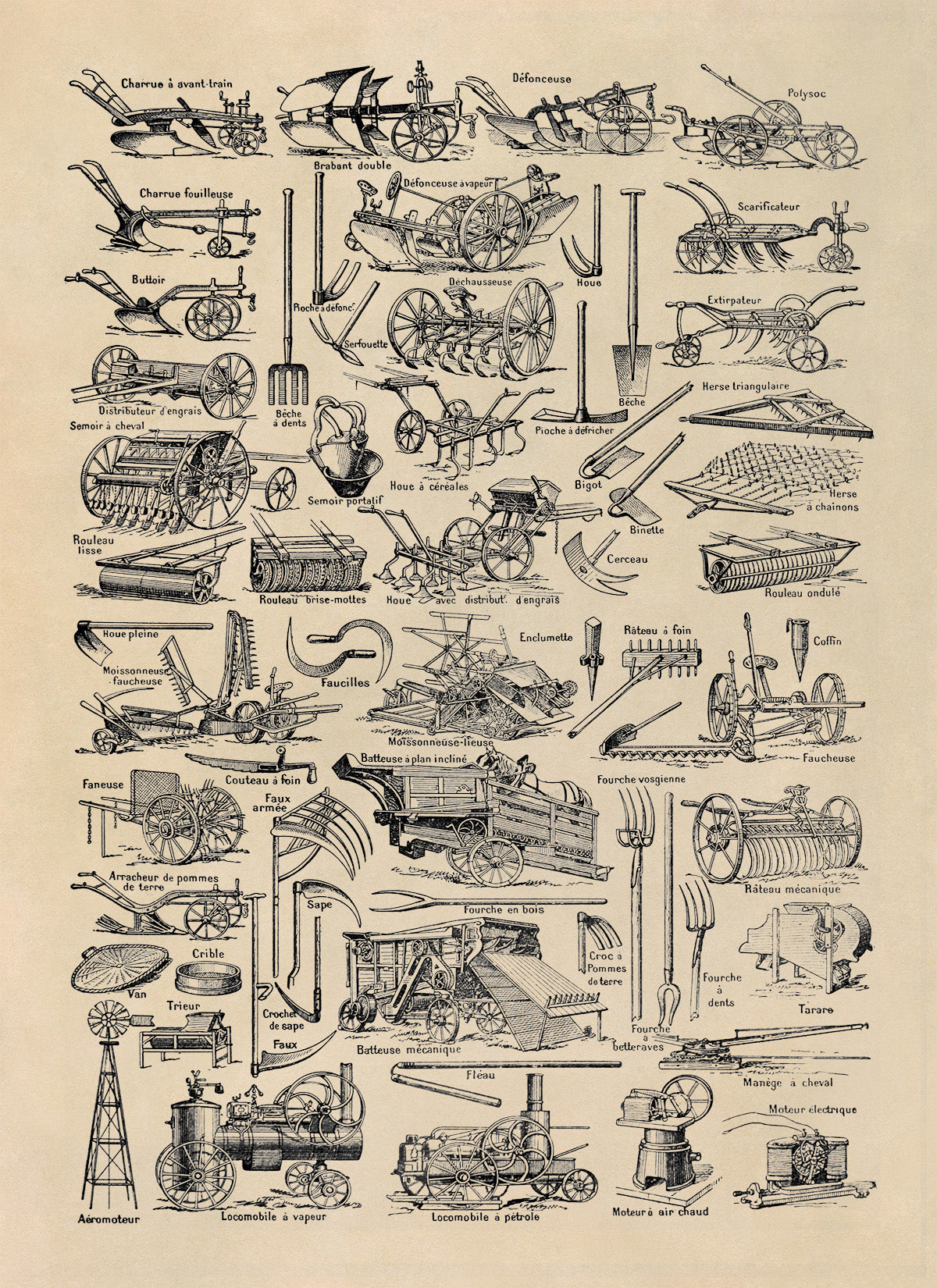 Antique Farm Equipment Illustration Print, FD32