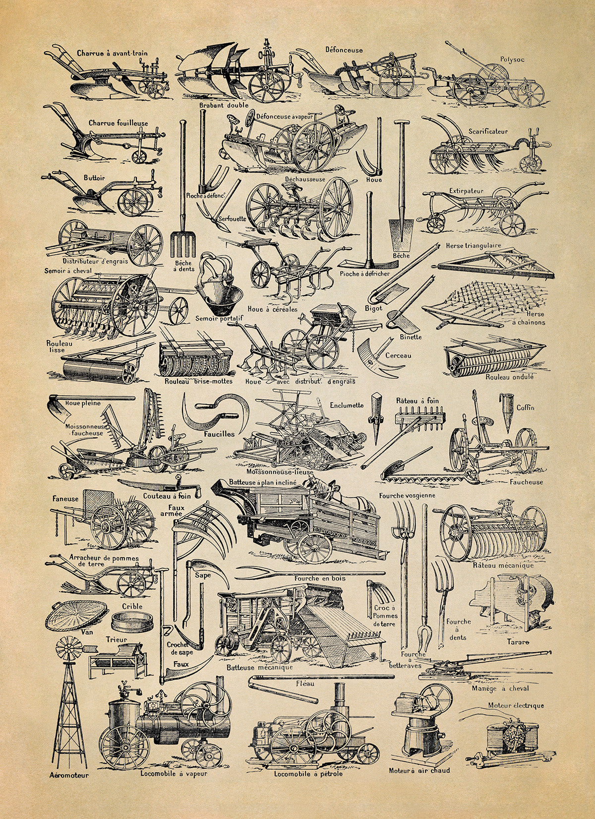 Antique Farm Equipment Illustration Print, FD32