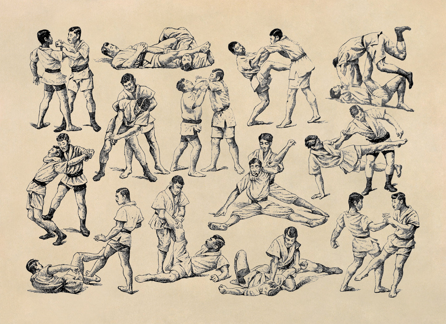 Vintage Jiu Jitsu Techniques and Moves Chart Print, FD38