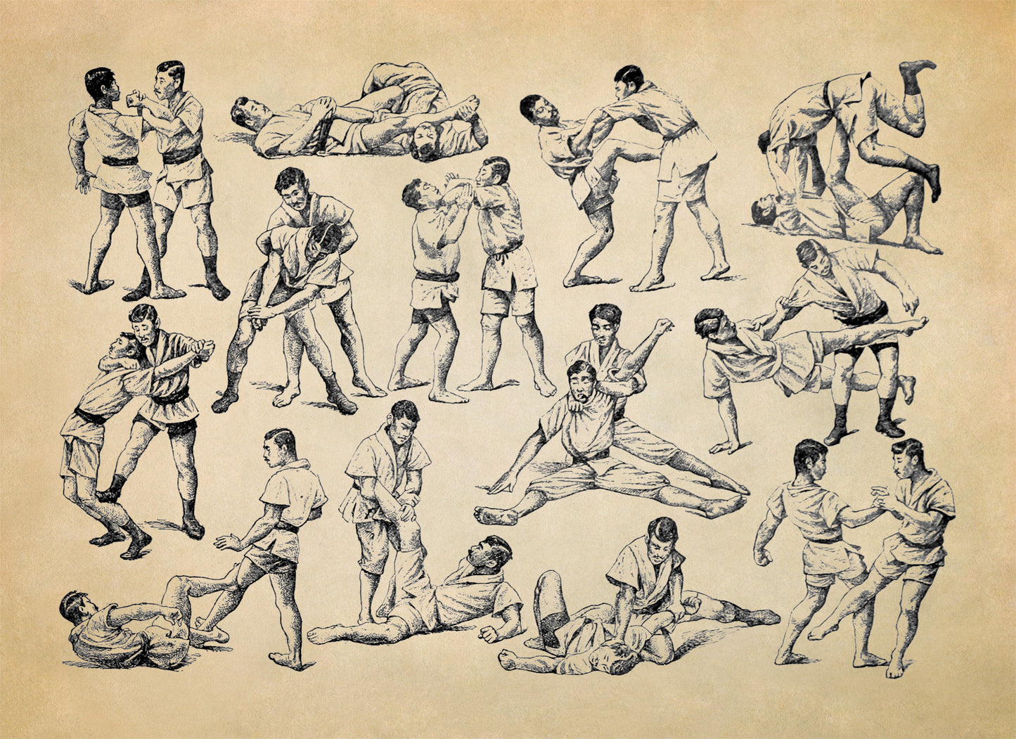 Vintage Jiu Jitsu Techniques and Moves Chart Print, FD38