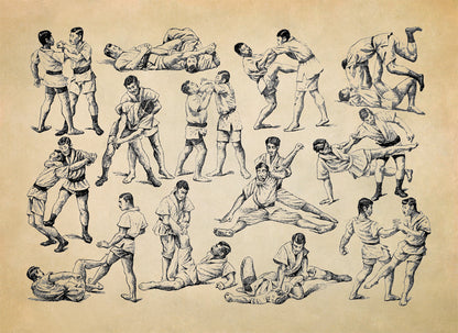 Vintage Jiu Jitsu Techniques and Moves Chart Print, FD38