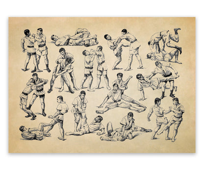 Vintage Jiu Jitsu Techniques and Moves Chart Print, FD38