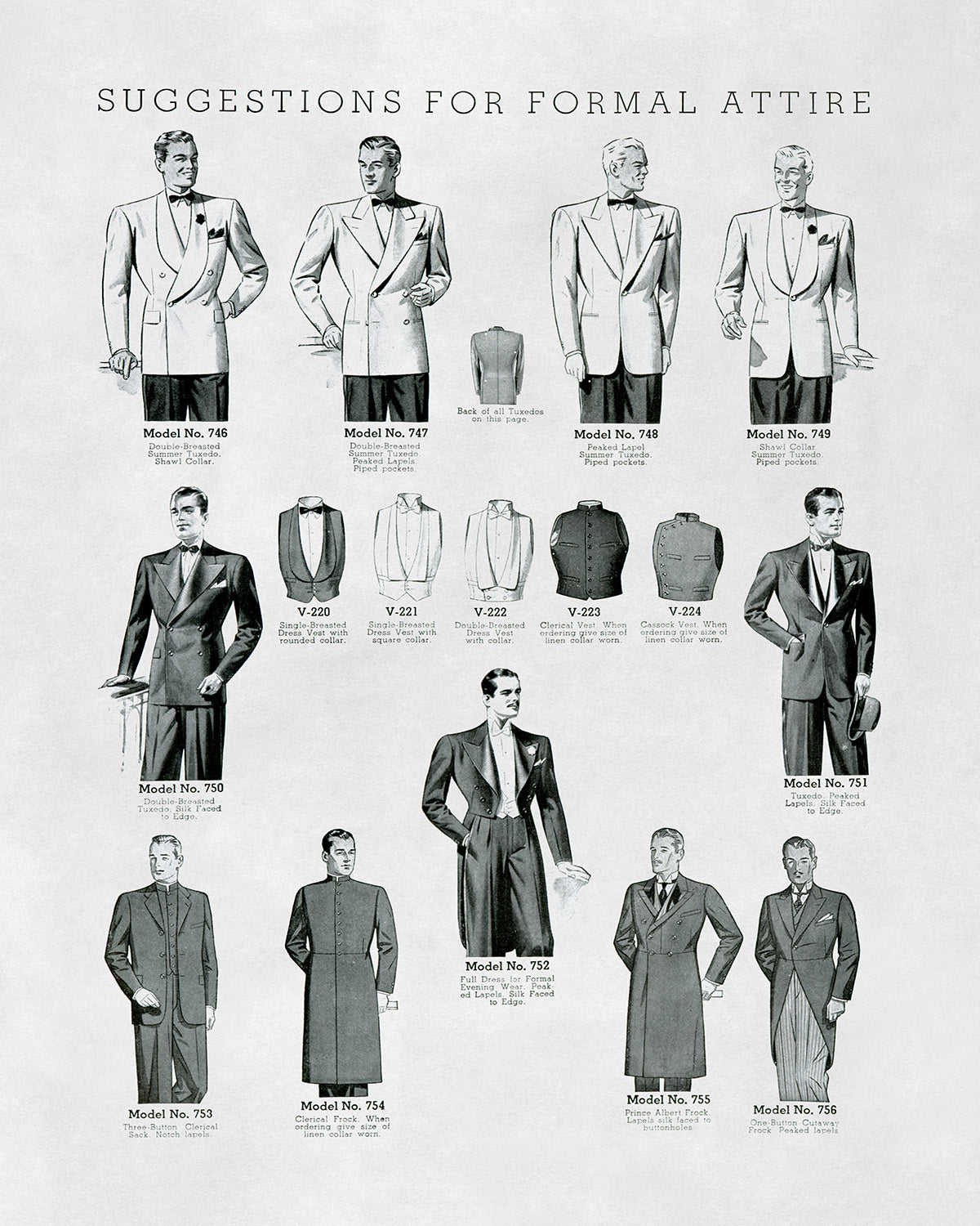 Men's Tuxedo Styles Vintage Fashion Print, 1930s-1940s Department Store Catalog, FDS10