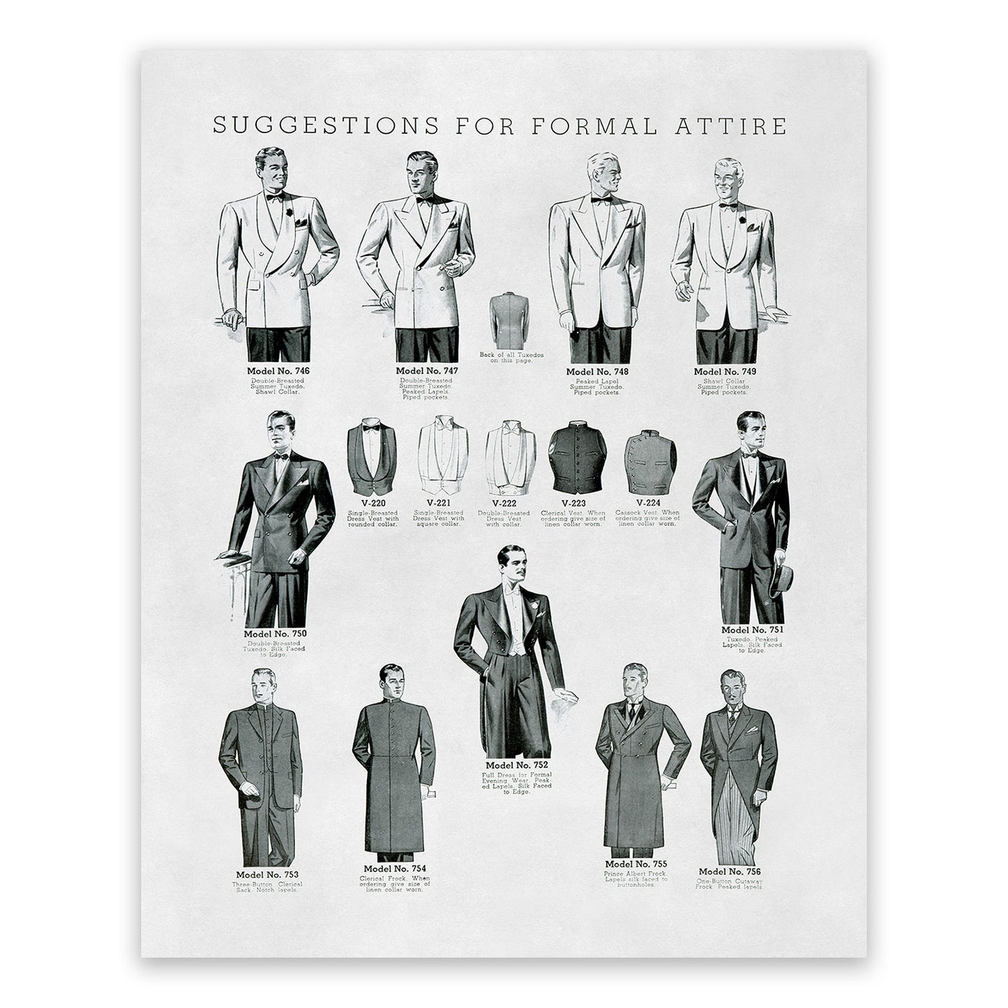 Men's Tuxedo Styles Vintage Fashion Print, 1930s-1940s Department Store Catalog, FDS10