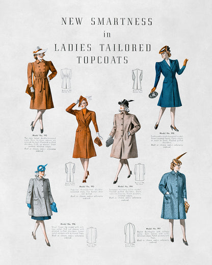 Women's Topcoat Styles Vintage Fashion Print, 1930s-1940s Department Store Catalog, FDS11