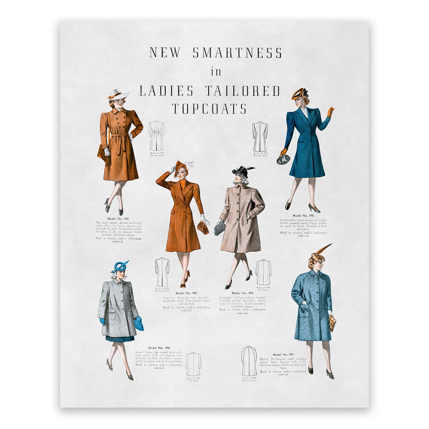 Women's Topcoat Styles Vintage Fashion Print, 1930s-1940s Department Store Catalog, FDS11