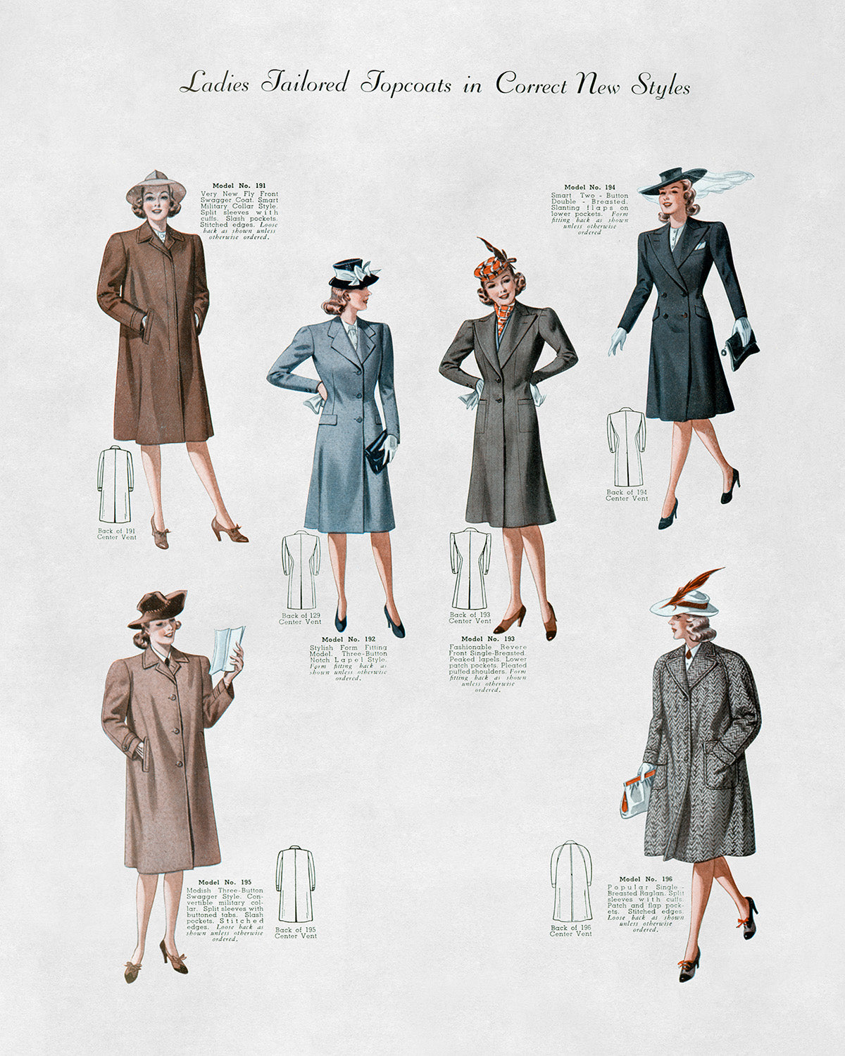 Women's Topcoat Styles Vintage Fashion Print, 1930s-1940s Department Store Catalog, FDS13